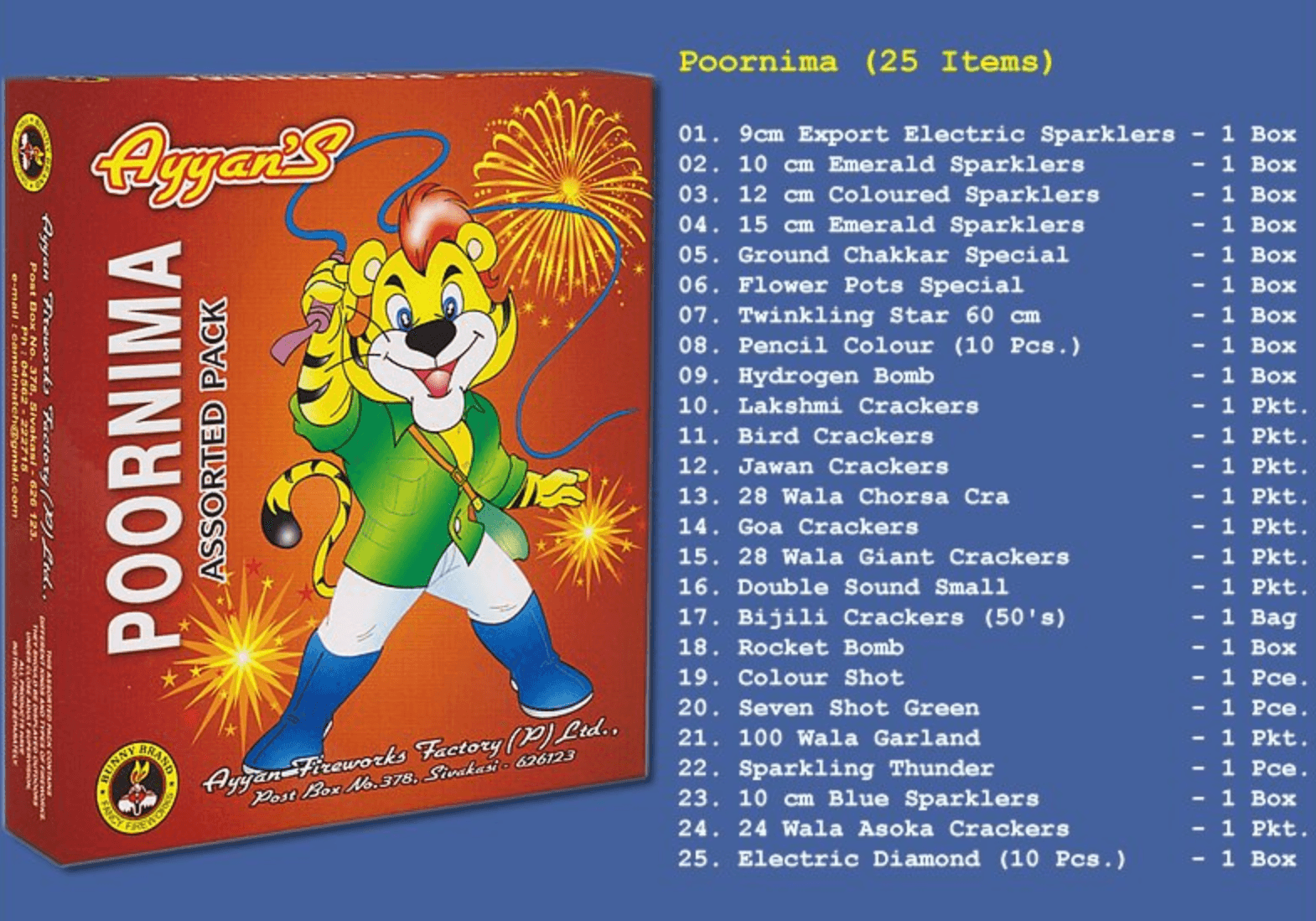 Poornima Assorted Pack – 25 Fireworks by Ayyan Fireworks